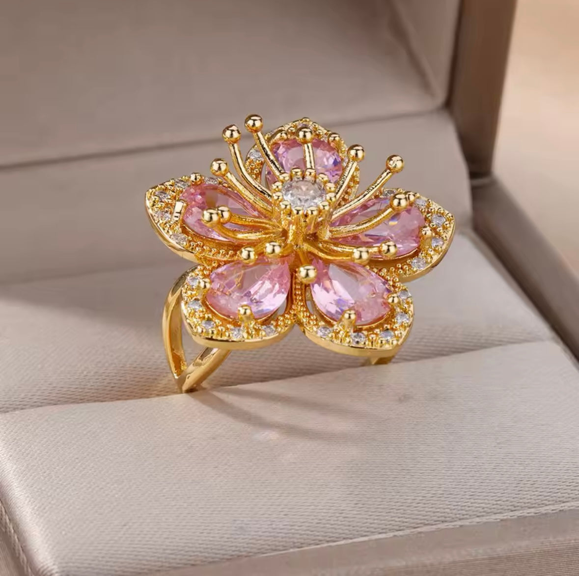 Gold Plated Ring ~ Dahlia Flower Pink & Gold