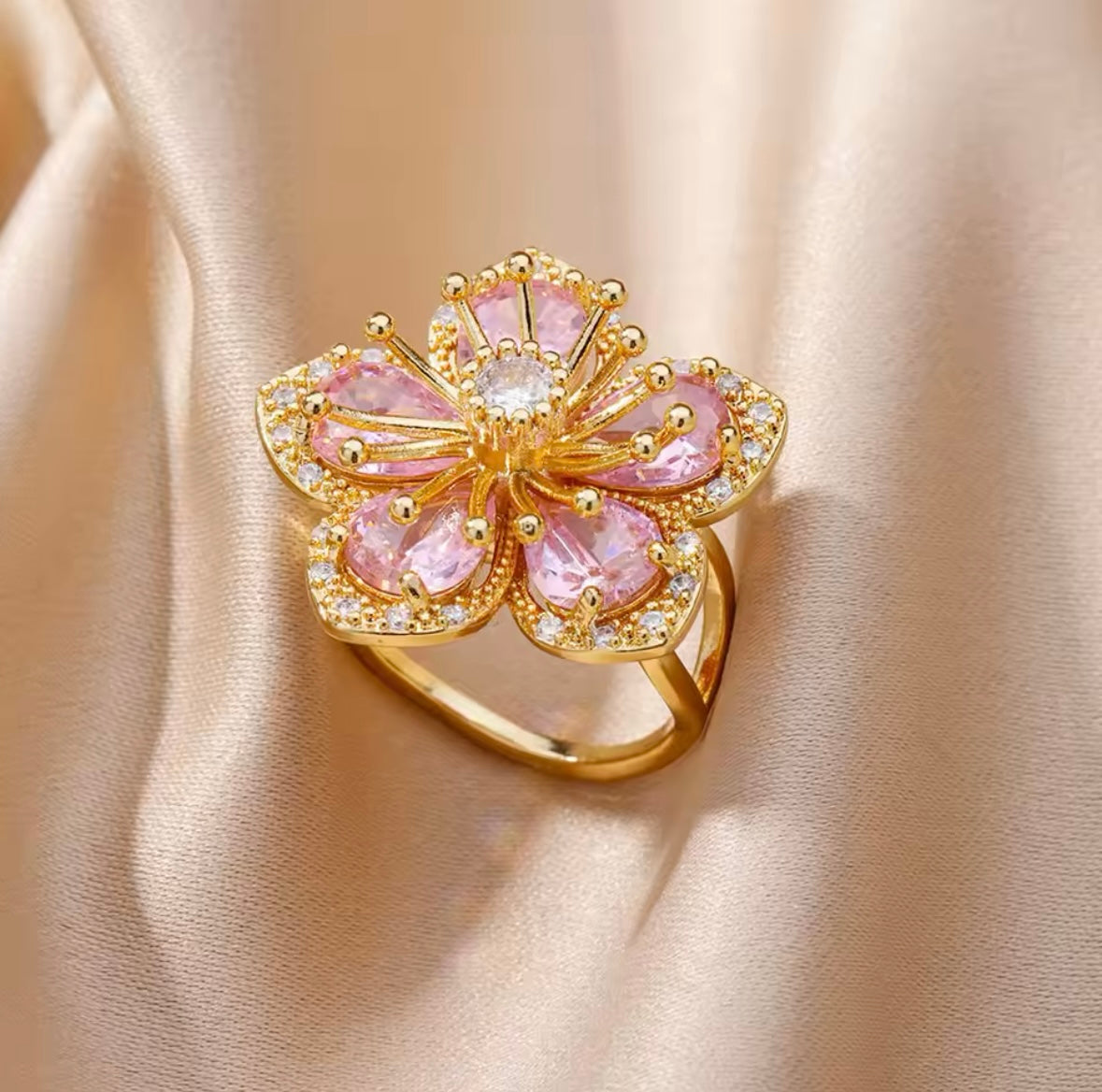 Gold Plated Ring ~ Dahlia Flower Pink & Gold