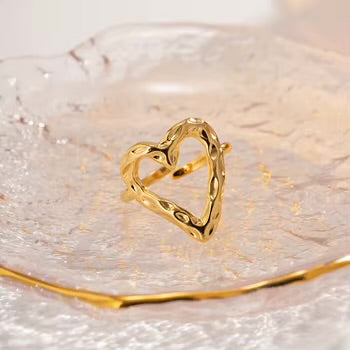 Gold Rings ~ Textured Heart Adjustable Stainless Steel Ring