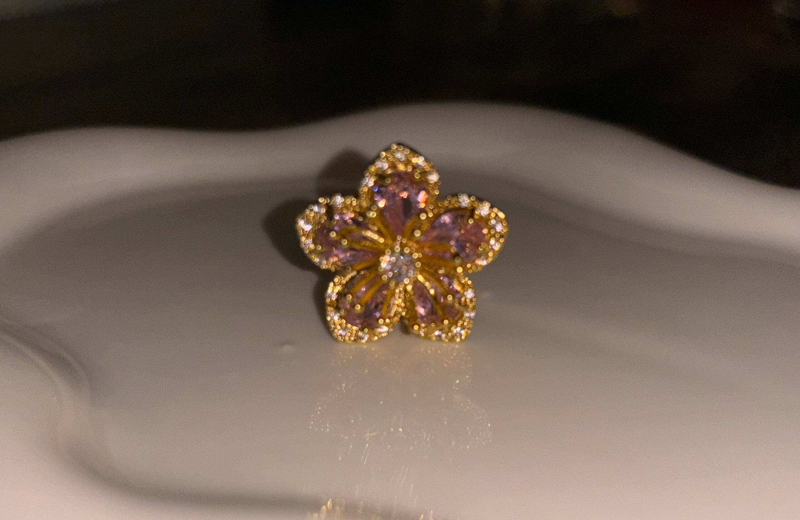 Gold Plated Ring ~ Dahlia Flower Pink & Gold